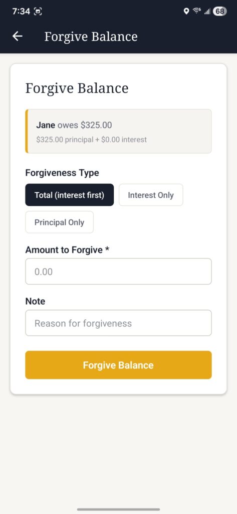 Forgive a balance page