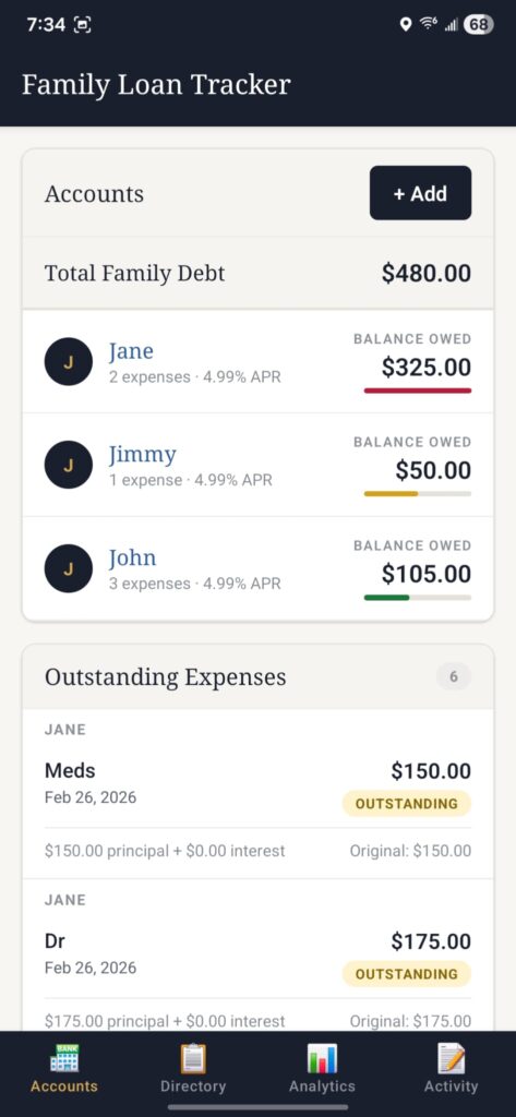 Home screen account list